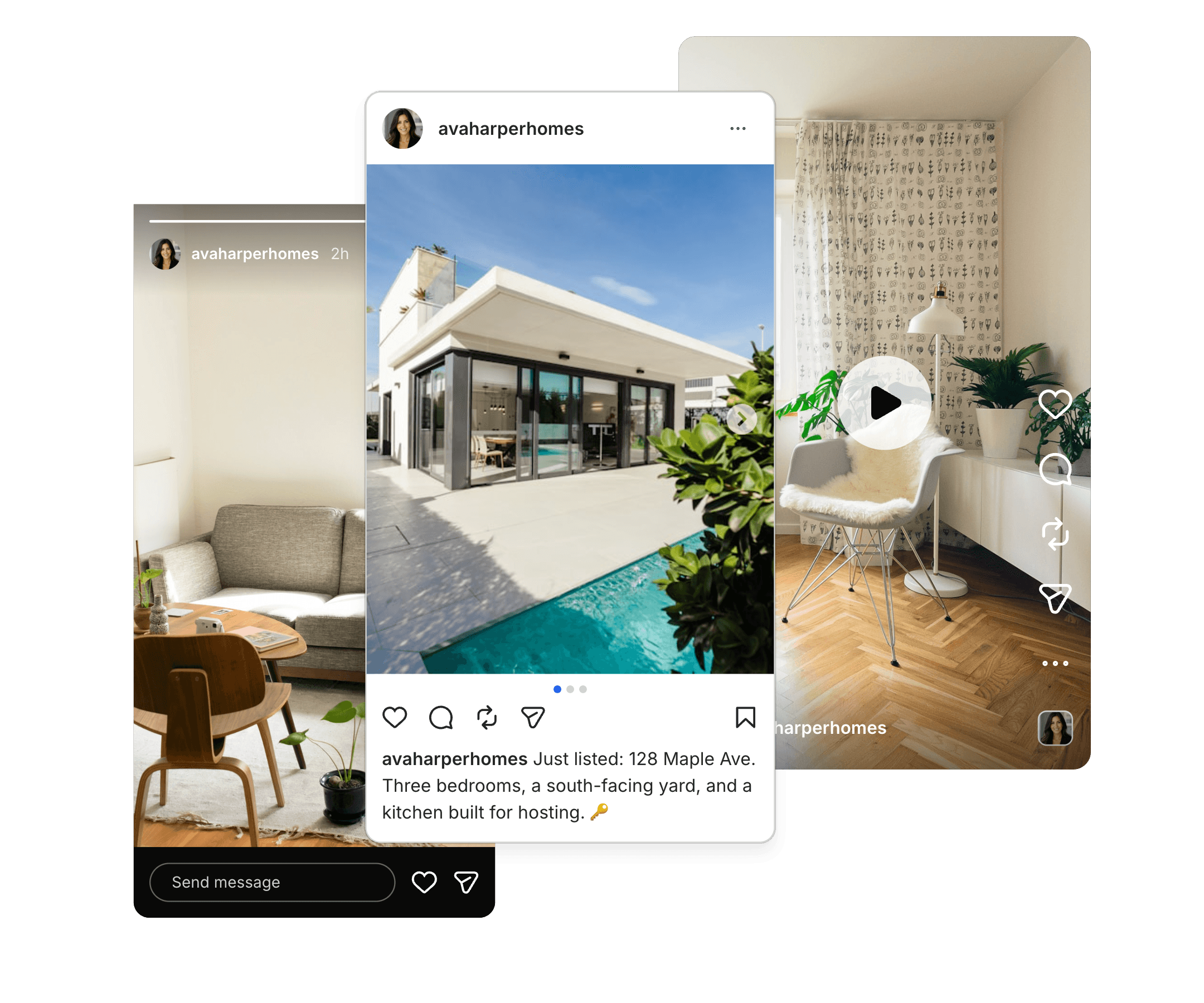 One listing turned into an Instagram post, a story, and a reel