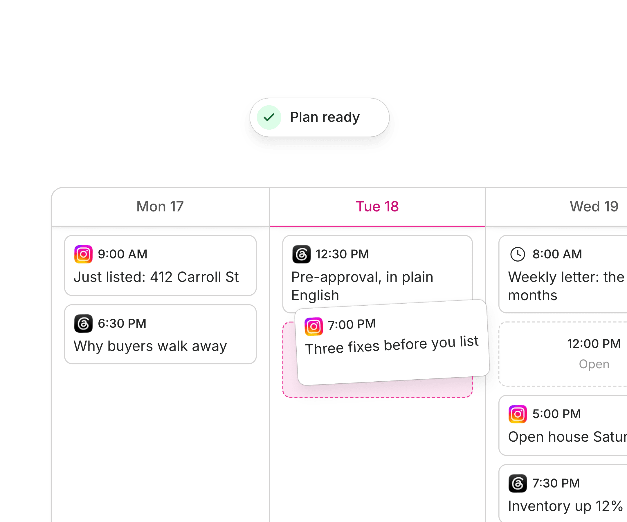 A week of posts scheduled across Instagram and Threads
