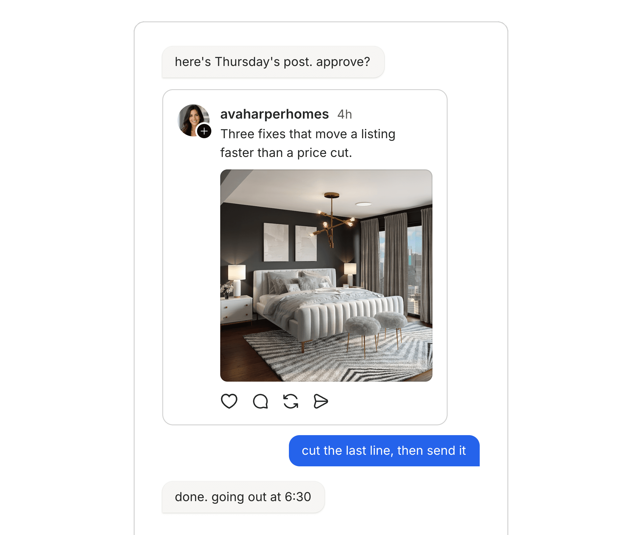 A draft post approved over text, with Orlin confirming the send time